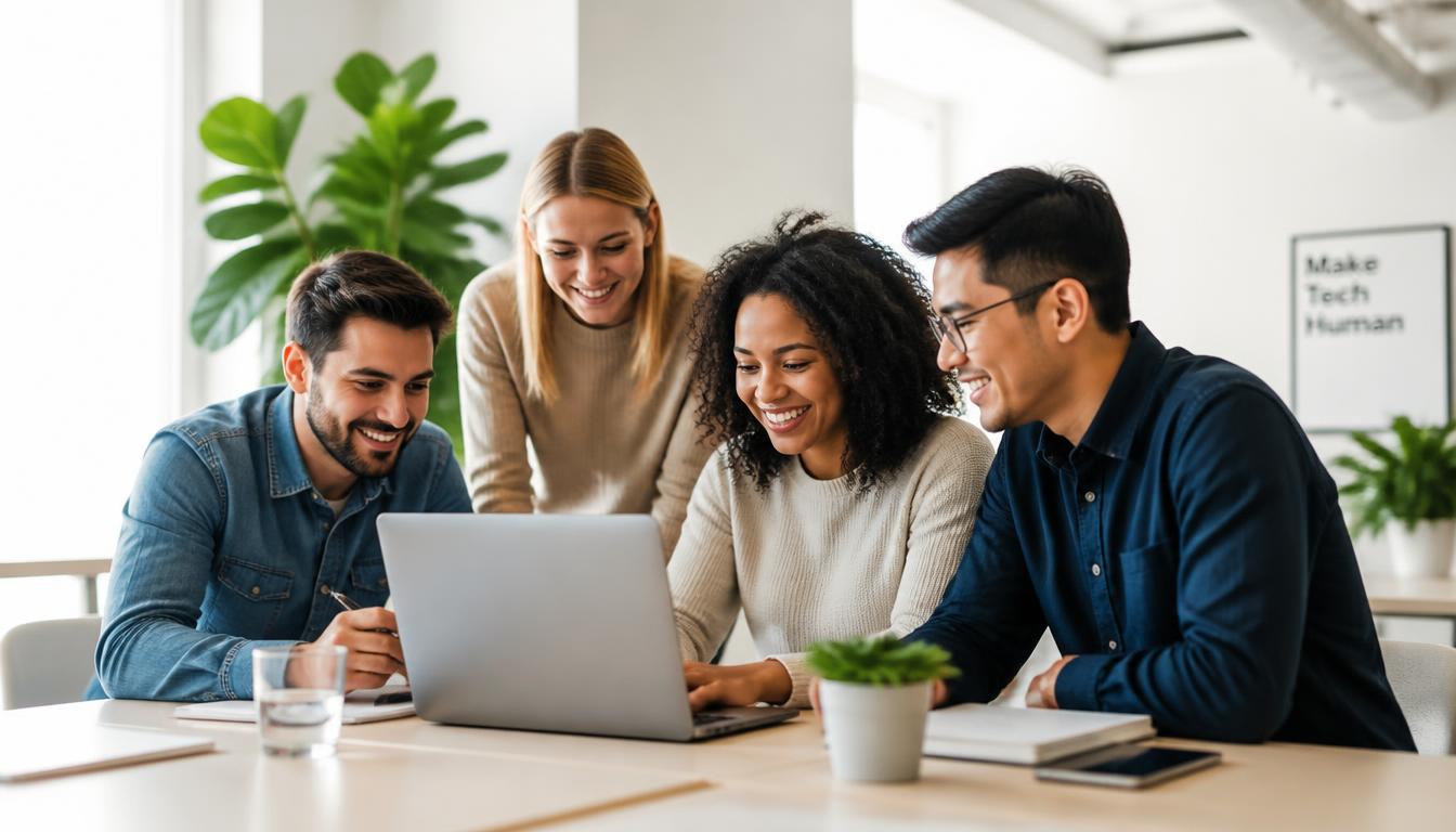 Diverse engineering team collaborating around a laptop in a bright office