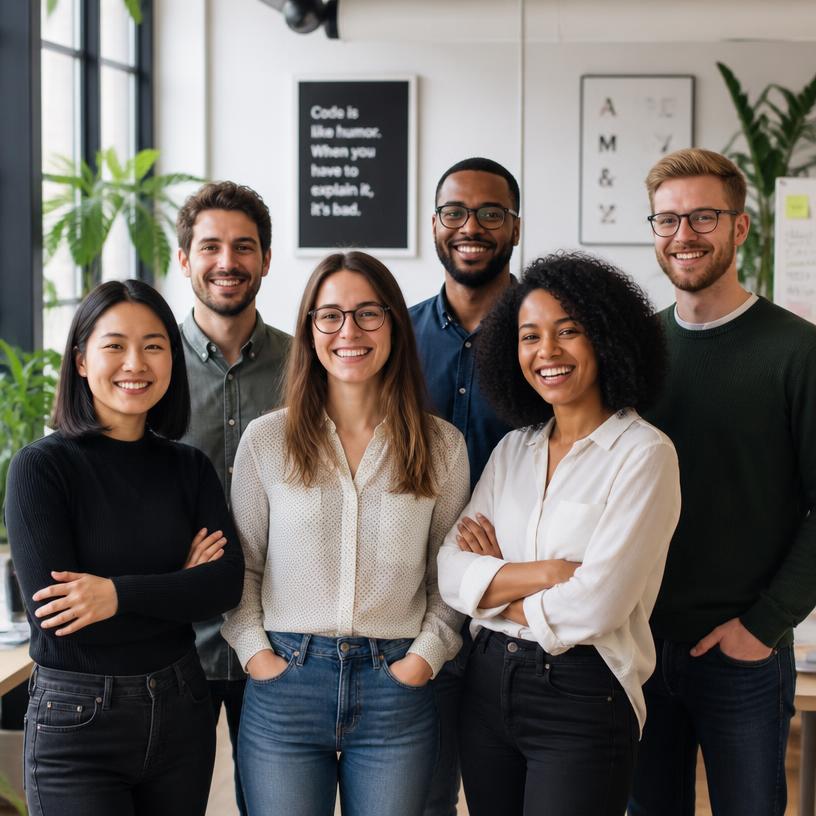 Happy team of engineers and designers standing together
